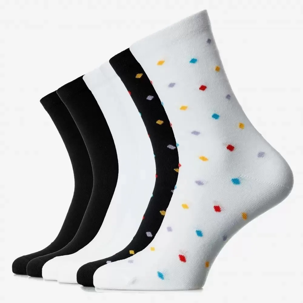 Șosete clasice din bumbac pieptănat fără cusătură 6 perechi — mix (2 x negru, 2 x alb, 2 x alb/negru cu model picățele colorate)